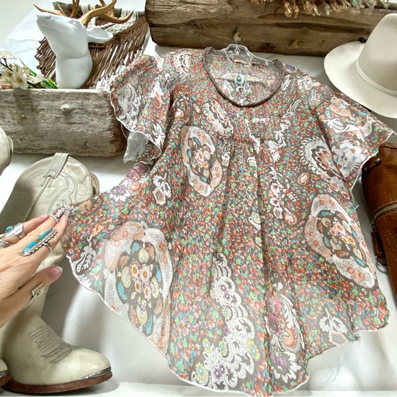 Sweet prairie boho sheer/airy boho blouse w paisley floral spell Gypsy vibe - Picture 10 of 13